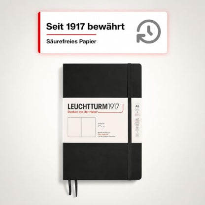 LEUCHTTURM1917 - Notebook Softcover Medium A5-123 Numbered Pages for Writing and Journaling (Plain, Black)