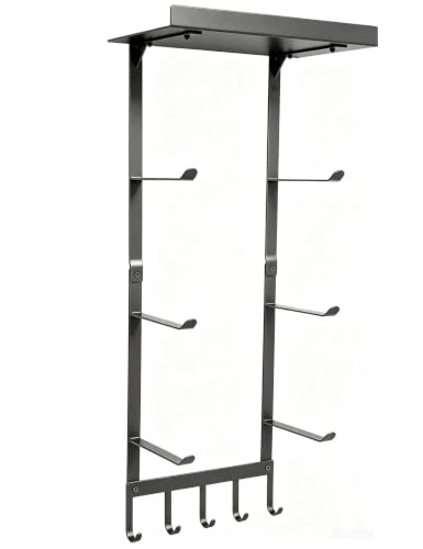Yoga Mat Holder Wall Mount, Home Gym Storage Rack with Top Floating Shelf, 4-Tiers Holding Yoga Mat/ Blocks/ Rollers and Decorations, 5 Hooks for Resistance Bands, Skipping-Rope, Small Gym Equipment