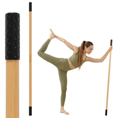 PAETA Yoga Stick for Stretching, 5ft Exercise Stick for Mobility & Flexibility, Bamboo Stretch Bar and Posture Pole with Non-Slip Grip - Includes Free Video Guide - color: Natural Bamboo