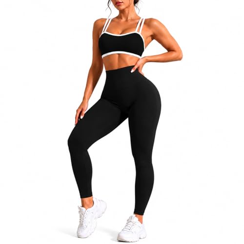 2PC Workout Sets For Women High Waisted Gym Leggings and Cross Back Strappy Sports Bra for Women With High Support - color: Black, size: Small