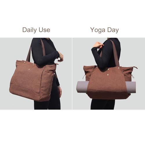 ESVAN Yoga Mat Bag, Gym Bag Tote Bag with Multi Pockets For Women Drawstring Yoga Mat Carrier Pilates Travel Workout Office - color: Linen Brown