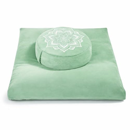 Meditation Cushion Set Zafu & Zabuton – Buckwheat Hull & Memory Foam, Adjustable Floor Pillow for Yoga, Meditation & Sitting, Removable Velvet Cover (Sage Green) - color: Sage Green