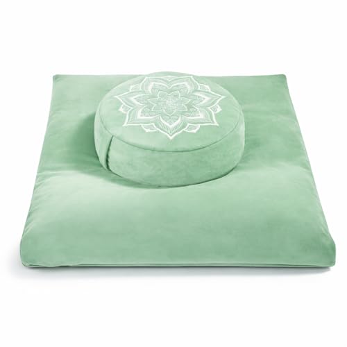 Meditation Cushion Set Zafu & Zabuton – Buckwheat Hull & Memory Foam, Adjustable Floor Pillow for Yoga, Meditation & Sitting, Removable Velvet Cover (Sage Green) - color: Sage Green