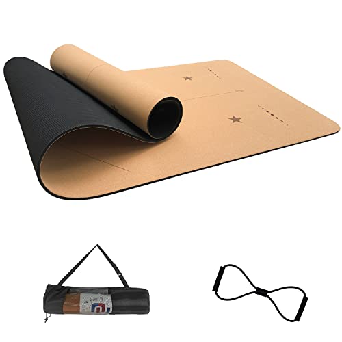 Numat 코르크 요가 매트 6mm 두께 182.9 x 61cm(72 x 24인치), 땀 방지 미끄럼 방지 친환경, 정렬 라인이 있는 경량 TPE 폼, 핫 요가, 필라테스, 체육관 및 운동에 적합, 블랙 휴대용 가방, 스트랩 포함 - color: 블랙 코르크