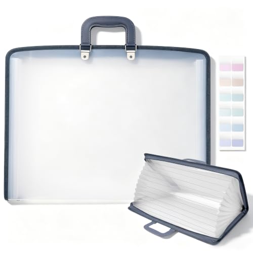 Dunzoom 1 Pack 11 x 17 Art Portfolios, Expanding File Organizer with 13 Pocket for Artwork, Plastic Clear Portfolio Holder Document Binder with Handle, Zipper and 120 Pcs Sticky Labels (Grey) - color: Grey
