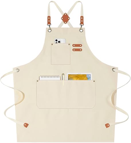 AFUN Chef Aprons for Women Men with Oversized Pockets, 12-Ounce Cotton Canvas Cross Back Water Repellent Apron (Cream) - color: Cream