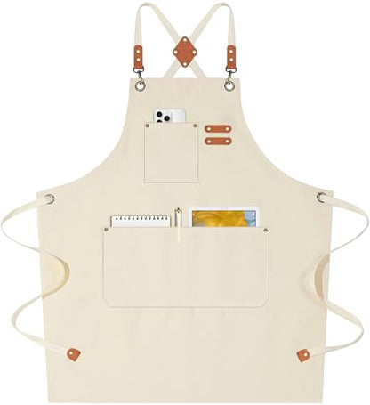AFUN Chef Aprons for Women Men with Oversized Pockets, 12-Ounce Cotton Canvas Cross Back Water Repellent Apron (Cream) - color: Cream