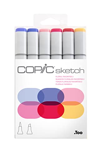 Copic Sketch Alcohol Markers, 6 Color Dual Tip Art Marker Set – Blendable Brush Tips for Drawing, Sketching, and Illustration – Professional Set for Adults/Teen Artists & Creators - Floral Favorites 2 - color: Floral Favorites 2