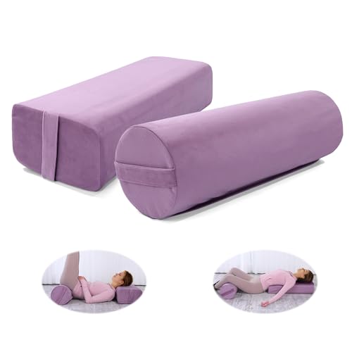 MABOZOO Yoga Bolster Set, Velvet Cover High Density Foam Pillows for Restorative Yoga and Meditation, Rectangular and Cylinder Bolster Pillow Meditation Cushion Pillow For Women Leg - color: Purple