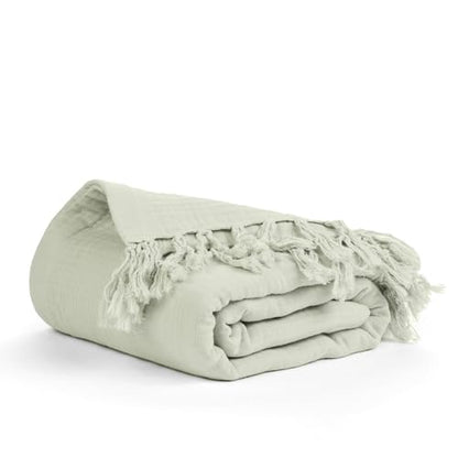 100% Cotton Gauze 50"X60" Throw Tassel 4 Layered Blanket- Sea Foam | Premium Muslin Blanket for Couch,Bed,Living,Summer Lightweight, All Seasons Blankets & Throws, Boho,Travel & Skin Friendly - color: Sea Foam, size: 50"X60" Throw