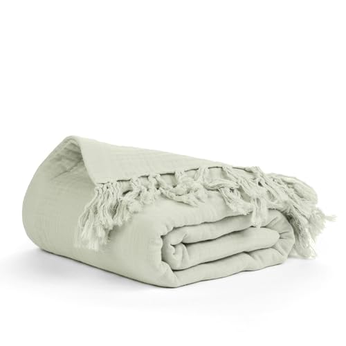 100% Cotton Gauze 50"X60" Throw Tassel 4 Layered Blanket- Sea Foam - color: Sea Foam, size: 50"X60" Throw