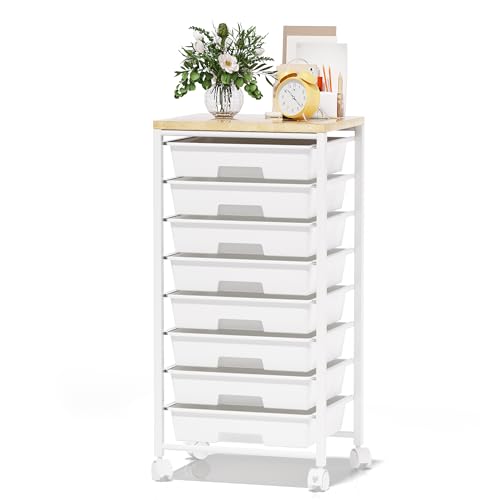 Rolling Cart with 8 Drawers, Storage Drawers Cart with Wooden Tabletop and Lockable Wheels, Craft Storage for Living Room, Office, Classroom, Craft Room, Bedroom - color: White