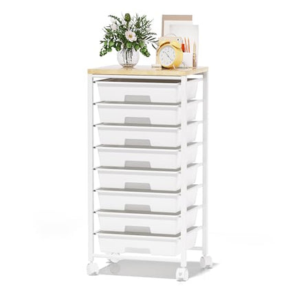 Rolling Cart with 8 Drawers, Storage Drawers Cart with Wooden Tabletop and Lockable Wheels, Craft Storage for Living Room, Office, Classroom, Craft Room, Bedroom - color: White