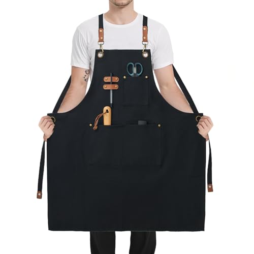 Plus Size Canvas Aprons with 3 Pockets Adjustable Cross Back Strap Unisex | Water Resistant, Men Women, Heavy Duty Work Bib Apron for Men Women Chef Cooking Kitchen Grilling Gardening BBQ Barber Server - color: Black