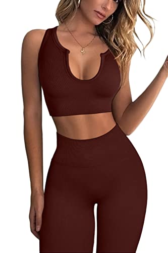 QINSEN Workout Outfits for Women 2 Piece Ribbed Seamless Crop Tank High Waist Yoga Leggings Sets - color: 04 Coffee, size: Medium