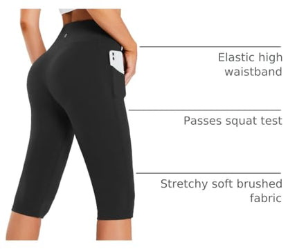 baleaf Women's Capri Leggings with Pockets Knee Length High Waisted - color: Black, size: X-Large