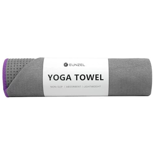 Eunzel Hot Yoga Towel - Microfiber Non Slip Yoga Mat Towel with Grip Dot Sweat Absorbent Towel for Hot Yoga, Pilates and Fitness 72" x 24", Dark Grey/Purple - color: Grey/ Purple