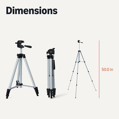 Amazon Basics 50" Lightweight Tripod for Camera and Phone with Travel Bag, Remote Control, Height Adjustable, 360-Degree Rotation, Aluminum, Silver - size: 50-in, style: Tripod with Remote & Phone Holder