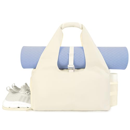 Sportsnew Tote Yoga Mat Gym Bag 20L Women W/Shoe Compartment Wet Dry Pocket | Water-Resistant Gym Tote - Mat Strap, Ventilated Shoe Bin, Wet Pocket, Padded Handle, Multi Pockets, Side Mesh & Key Clip - color: Beige