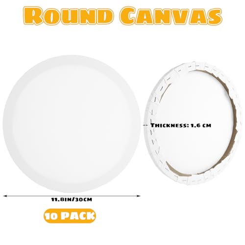 10 Pack Stretched Canvas for Painting, 12 Inch Round Canvas Panel, Circle White Art Canvas Panels, Cotton Primed Paint Blank Canvas for Oil, Acrylic, Gouache, Crafts