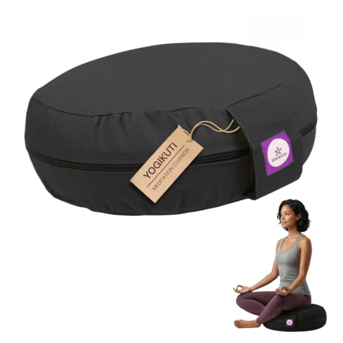 Yogikuti 100% Cotton Meditation Cushion (Round) with Handle | Firm & Comfortable Yoga Cushion | Removable Washable Cover | Floor Seating Support for Meditation, Yoga & Pranayama - color: Black