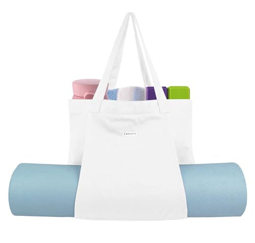 Yoga Mat Bag for Women, Pure Cotton Canvas Yoga Tote with Wet/Dry Pocket, Bottle Holder & Inner Zipper Pocket, Yoga Mat Carrier Bag for Pilates, Gym, Travel, Beach - color: White