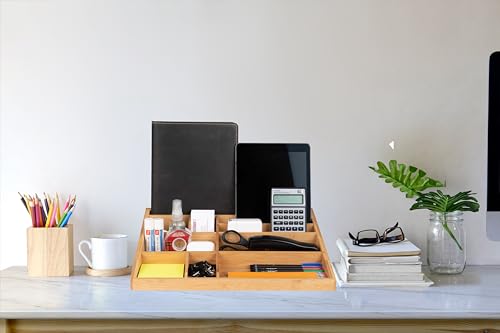 Theodore Bamboo Desk Organizer, 10 Compartment Desktop Organizer for Office Supplies, Mail, Pens and Notebooks, Wooden Countertop Organizer for Home Office Desk