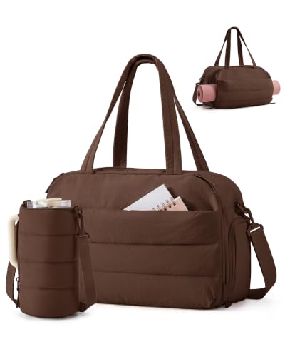 BAGSMART 2 Set Gym Bag for Women, Yoga Bag with Water Bottle Holder | For yoga travel sports dance, 25L pilates bag, overnight duffle bag - color: Coffee, style: Puffer Crossbody