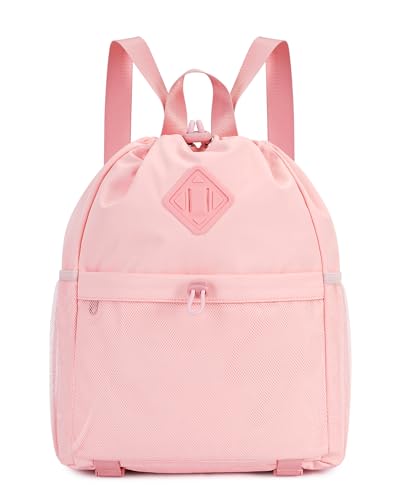 WANDF Drawstring Backpack for Women, Lightweight Gym Bag with Yoga Mat Strap, Water-Resistant String Backpack with Mesh Pocket (Pink, Patent Pending) - color: Pink