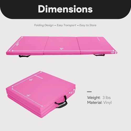 BalanceFrom 6x2 Feet 3-Panel Folding Gymnastics Mat – 1.5-Inch Thick Pad with Vinyl Surface and Carrying Handles for Tumbling, Yoga, Pilates, Home Workouts, and Martial Arts - color: Pink