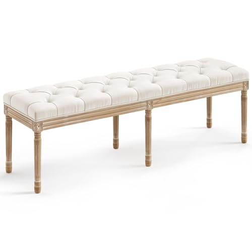 LUE BONA 60" Fabric End of Bed Bench, Upholstered Tufted French Bedroom Bench with Carved Legs for Bedroom End of King Size Bed, Living Room, Beige - color: Beige and Wood, size: 60''
