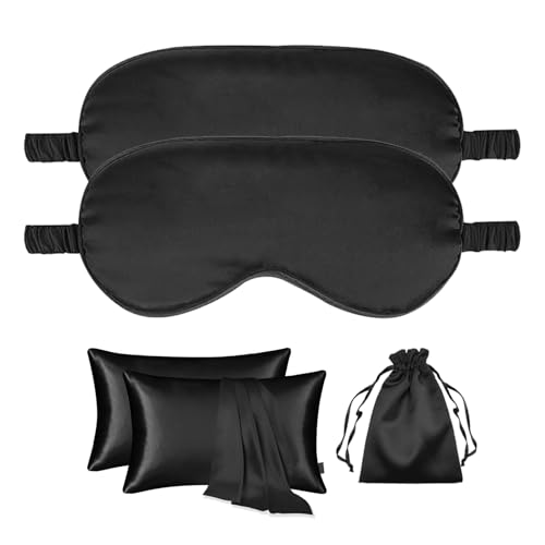 5Pcs Silky Sleep Mask Eye Masks Breathable Soft Satin Pillowcases Set for Sleeping Similar to Silk Pillowcase Travel Gift - color: Black-queen Size