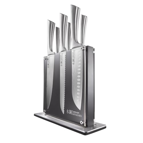 Cuisine::pro Damashiro Knife Block (Kumi, 7-Piece Chef Knife Set) - Japanese Steel Knife - Magnetic Knife Block- Damascus-Inspired Blade Kitchen Knives - size: 7-Piece Block