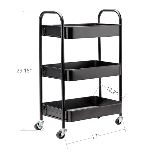 SETTFRFE 3-Tier Metal Rolling Storage Cart with Lockable Wheels,Black | Utility Cart for Kitchen Bathroom Dorm ,Movable Snack Cart & Art Cart for Esthetician Nail Lash Diaper,Tool-Free Assembly