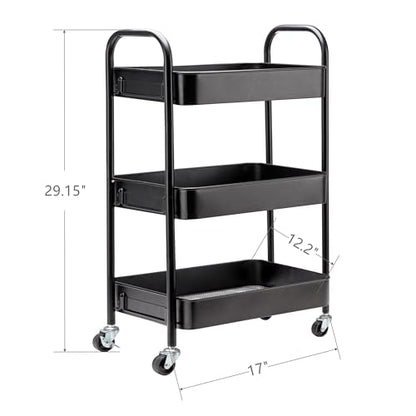 SETTFRFE 3-Tier Metal Rolling Storage Cart with Lockable Wheels,Black | Utility Cart for Kitchen Bathroom Dorm ,Movable Snack Cart & Art Cart for Esthetician Nail Lash Diaper,Tool-Free Assembly