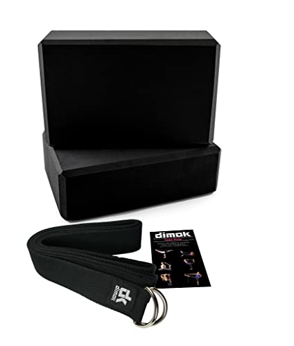 dimok Yoga Blocks and Strap Set - Foam Bricks 9x6x4 and 8FT Yoga Belt Metal D-Ring - High Density Premium Quality - color: Black