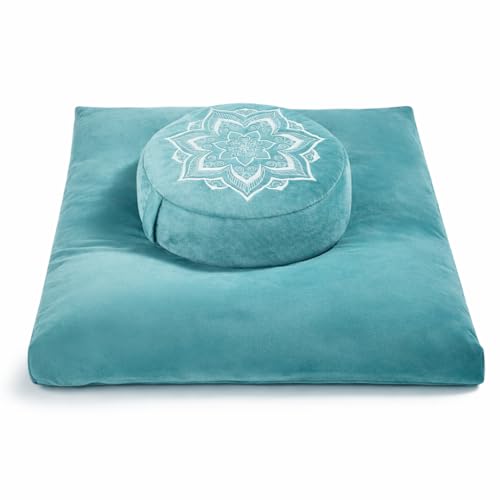 Meditation Zafu Cushion Set with Buckwheat Hulls & Memory Foam - Ergonomic Support for Yoga & Sitting - Removable Machine-Washable Luxury Velvet Cover - for Adults and Kids (Green) - color: Green