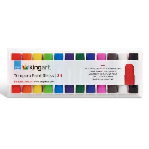 KINGART Tempera Paint Sticks – 24 Metallic & Neon Colors – Quick-Drying, Washable, Solid Paint Crayons – Mess-Free Multi-Surface Medium for Paper, Wood, Canvas, & Glass