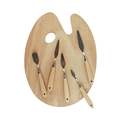 Artist's Loft Wood Paint Palette and Palette Knife Set, Ergonomic Oval Artist Tray with Stainless Steel Tools, Natural, 6-Piece Set