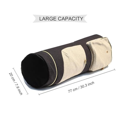 ESVAN Yoga Mat Bag with Multi Pockets Drawstring Yoga Mat Carrier Pilates Exercise Multi-Functional Storage Bag - color: Linen Black Beige