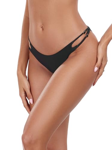 Colloyes Women's Low Waisted Bikini Bottoms Double Straps Cut-Out Cheeky - color: Black, size: Large