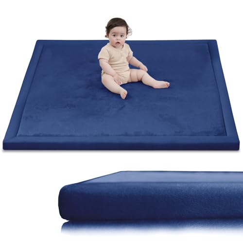 Huloo Sleep Baby Play Mat for Floor,1.3" Thick Elasti-Foam 50x50 Playpen Mat for Toddlers Infant Kids,Water-Repellent Soft Coral Velvet Tummy Time Non Slip Crawling,Tatami(Dark Blue) - color: Dark Blue, size: 50"×50"×1.3"