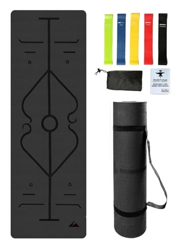 BodyForge Yoga Mat Thick Exercise Mat Thick Non-Slip Extra Thick High-Density Pilates & Resistance Exercise Loop Exercise Bands with Instruction Guide and Carry Bag, Set of 5 Bundle - color: Black