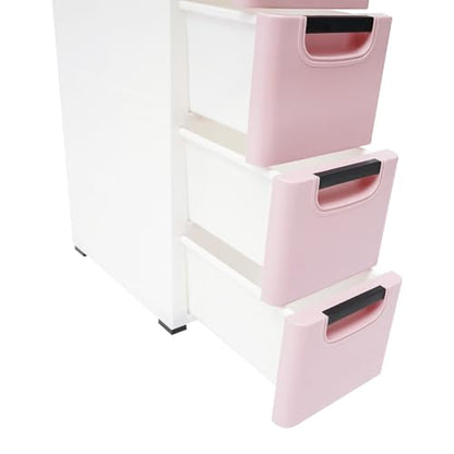6 Drawers Plastic Storage Cabinet, Mobile Slim Utility Cart on Wheels, for Narrow Space Office Classroom Bedroom Bathroom (Pink) - color: Pink