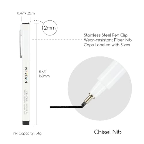 MEEDEN Micro Fineliner Drawing Pens: 2mm Chisel Nib, 6 Pack, Black Ink | Waterproof archival ink for bold outlining, lettering, poster drawing, manga panels, filling, and expressive artwork - style: 2mm Chisel Nib
