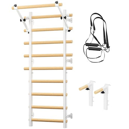 Cofiyard Swedish Ladder Wall Gym, Wooden Wall-Mounted Stall Bars with Pull-up Bar & Exercise Straps & Dip Bars, Stretching Ladder Full Body Home Gym Adults New - color: White