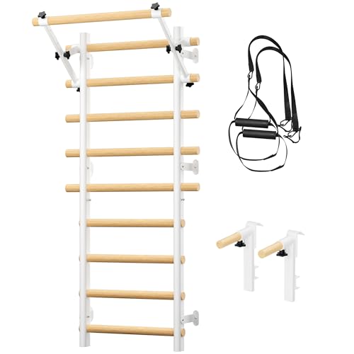 Cofiyard Swedish Ladder Wall Gym, Wooden Wall-Mounted Stall Bars with Pull-up Bar & Exercise Straps & Dip Bars, Stretching Ladder Full Body Home Gym Adults New - color: White