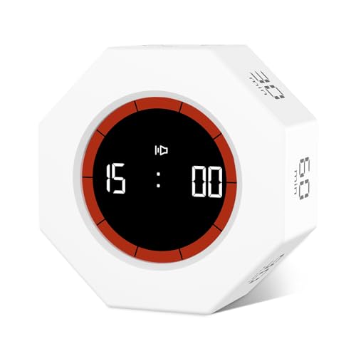 GuDoQi Digital Productivity Timer, Octagon Rotating Pomodoro Timers with Gravity-sensor, 1-3-5-15-30-60-90 Min Countdown, Portable Adjustable Sound Alert Multi Desk Timer or Study Task, Kitchen, White - color: White