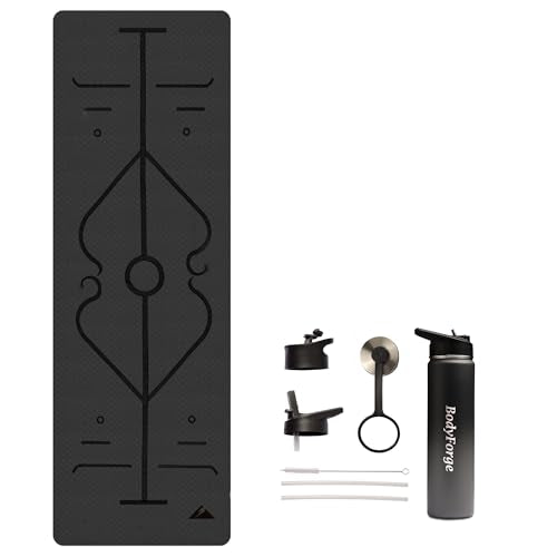 BodyForge Yoga Mat Thick Exercise Mat Thick 8mm TPE Eco-Friendly with Alignment Marks Non-Slip Extra Thick High-Density for Women Men Workout Pilates & Sports Water Bottle Bundles - color: Black/Grey, size: 24oz Bottle
