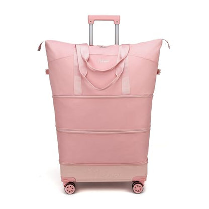 Expandable Rolling Travel Bag with Removable Wheels & Handle, Large Capacity Wheeled Duffle Tote, Foldable Carry On Luggage for Women, Lightweight Weekender Overnight Bag (Pink) - color: Pink